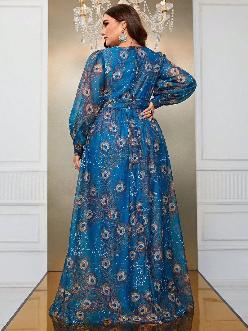 Large Printed Maxi Dress Peacock Feather Printed Long Sleeve Vacation Maxi Dress