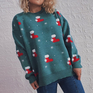 Autumn Winter round Neck Long-Sleeved Year Christmas Sweater Christmas Stockings Jacquard Thickened Pullover for Women