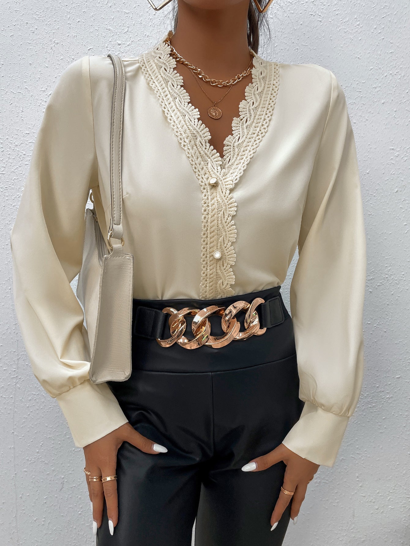 Fall Women Clothing Simple Elegant Eyelash Lace Stitching V neck Shirt Women