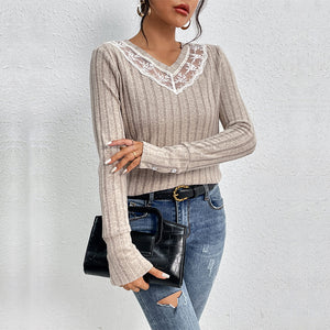 Autumn Women Clothing Solid Color Long Sleeve V neck Sweater