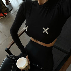 Women Clothing Summer Rhinestone Long Sleeve Short Sexy All Match Top