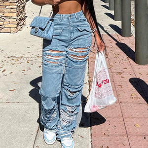 Women Clothing Pocket Stitching Hollow Out Cutout Ripped Beggar Street Casual Straight Leg High Waist Jeans