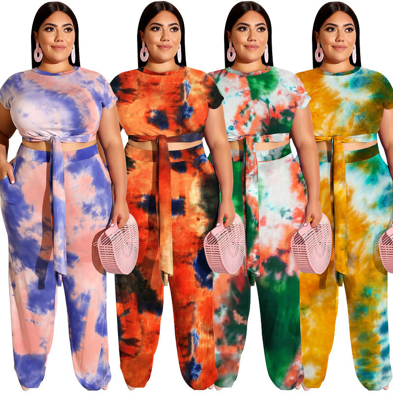 Plus Size Tie-Dye Printed Lace up Casual Set Women Two-Piece Suit