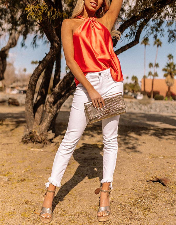 Women Clothing T-shirt New Slim Summer V-neck Sleeveless Satin T-shirt Women Top