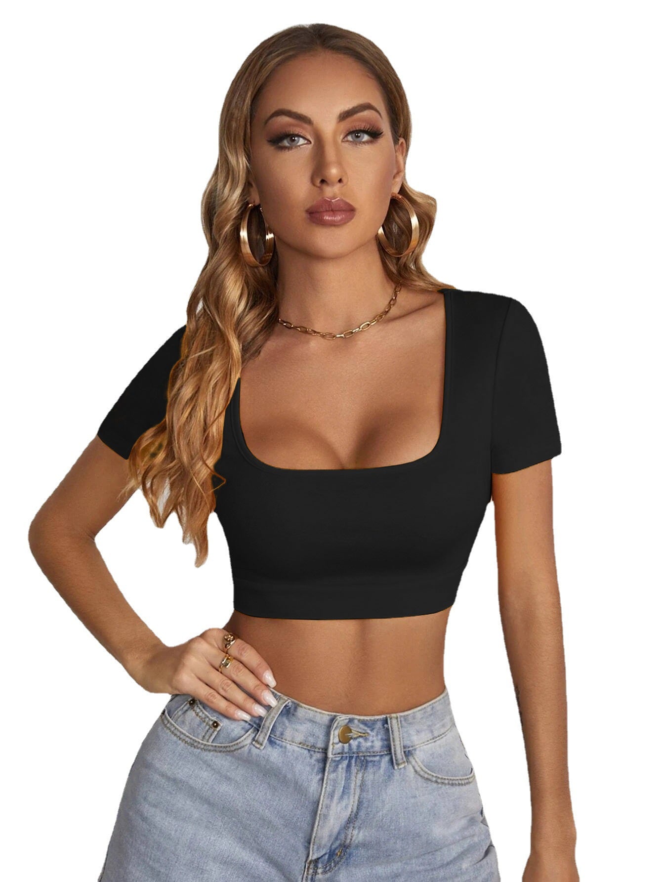 Women Clothing Summer New Square Collar cropped T-shirt Sexy Slim Street Short Sleeve