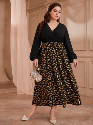 Plus Size High Waist Office Maxi Dress Pullover Bronzing Printed Sexy V Neck Dress Women