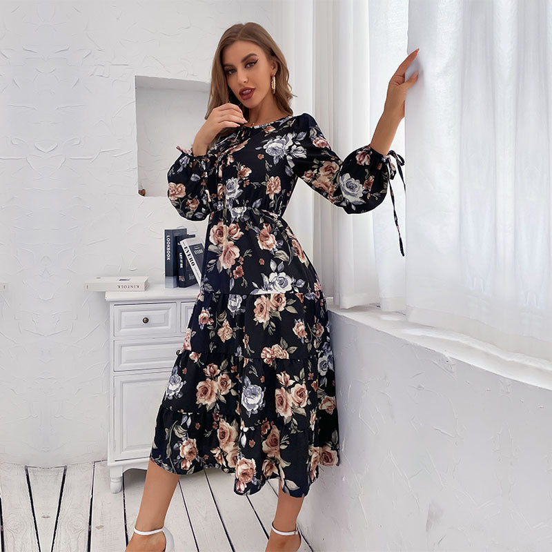 Women Wear Long Sleeve Vintage Floral Dress Autumn