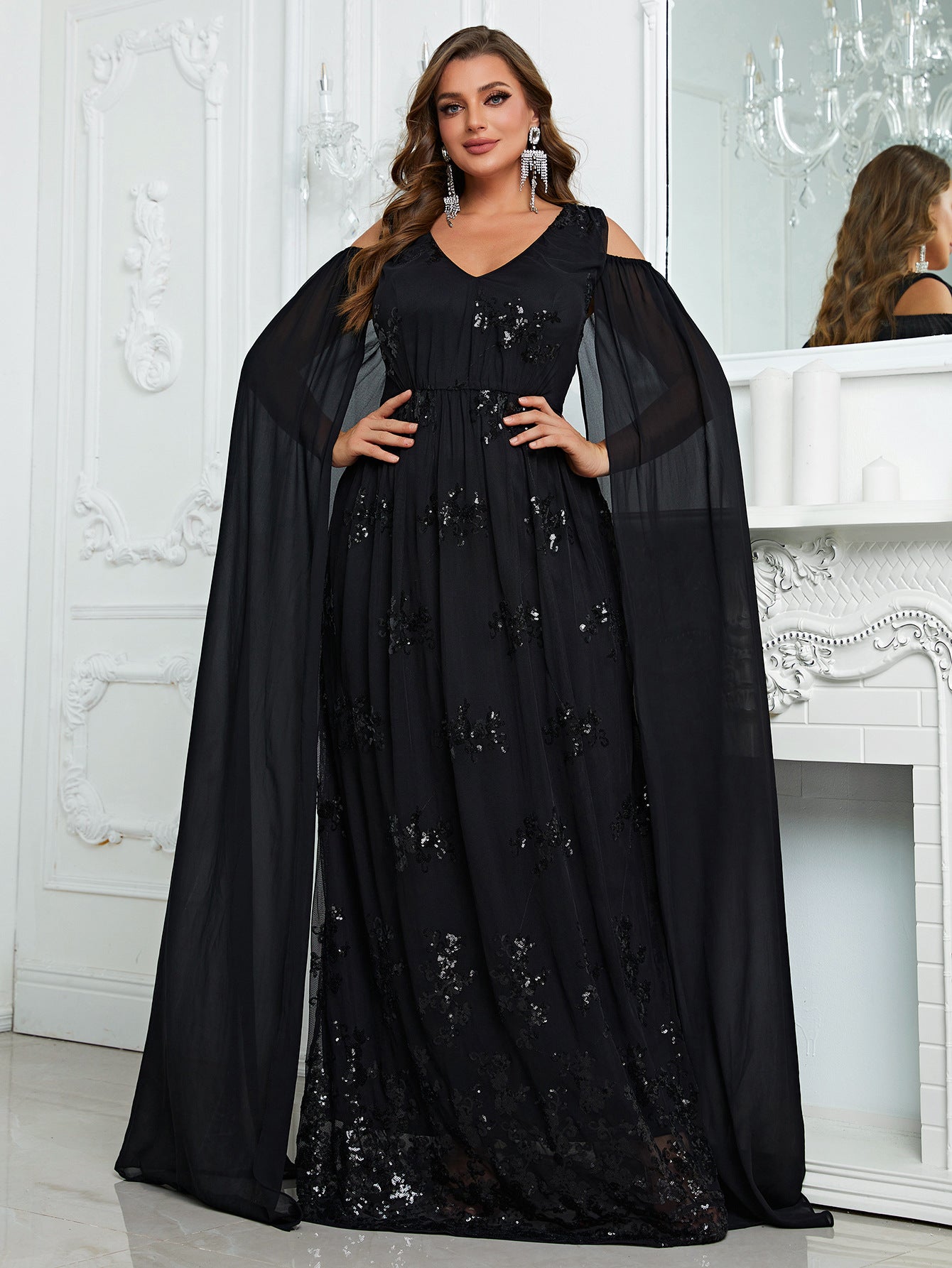 Plus Size Off The Shoulder Party Dress Elegant Senior Evening Dress Shawl Sleeve Design Maxi Dress Fmg