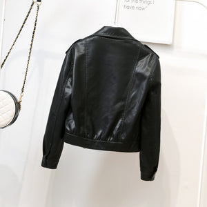 Collared Faux Leather Coat Easy Matching Coat Women Autumn Motorcycle Short Leather Jacket Tops