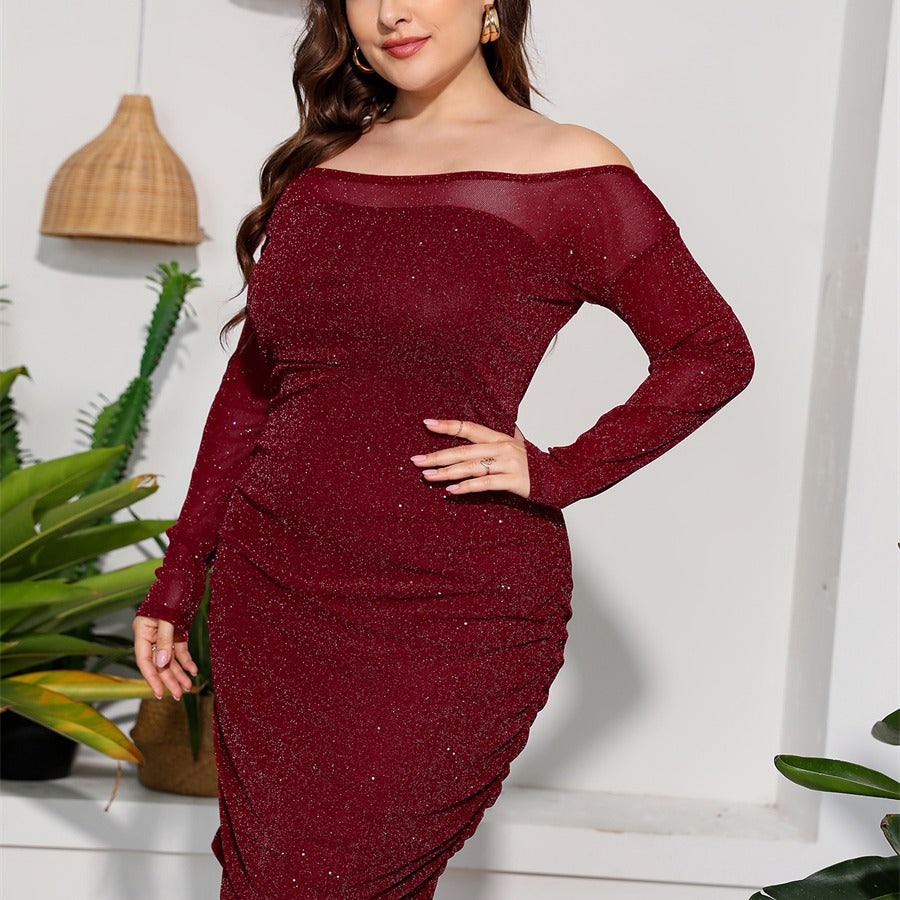 Plus Size Women Dress off-Shoulder Long Sleeve Slim Package Hip Pleated Hollow Out Cutout out Diamond in the Debris Sexy