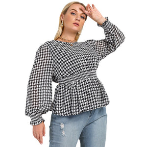 Plus Size New Black White Plaid Printed round Neck Waist Fashion Office Shirt