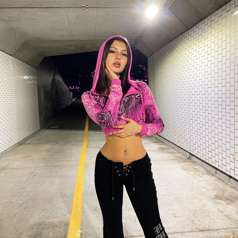 Printing Color Contrast Short Sweater Women Spring Autumn Hooded Zipper Short Top Women Sexy Bare Cropped