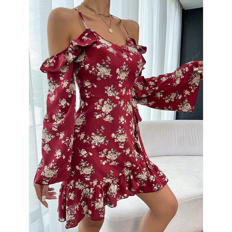 Spring Autumn Printed off Shoulder Dress