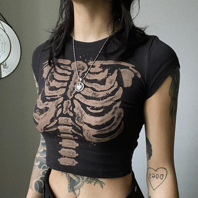 Retro Dark Round Neck Skeleton Printed Slim High Waist Cropped Women Top