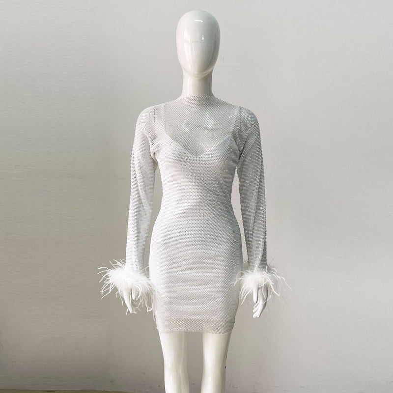 Sexy Long Sleeve Net Drill Feather Sling Bandage Dress Ladies Party Cocktail Dress Dress