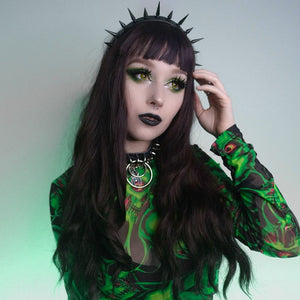 Dark Skull Random Printed Mesh Round Neck Long Sleeve Top Women Clothing