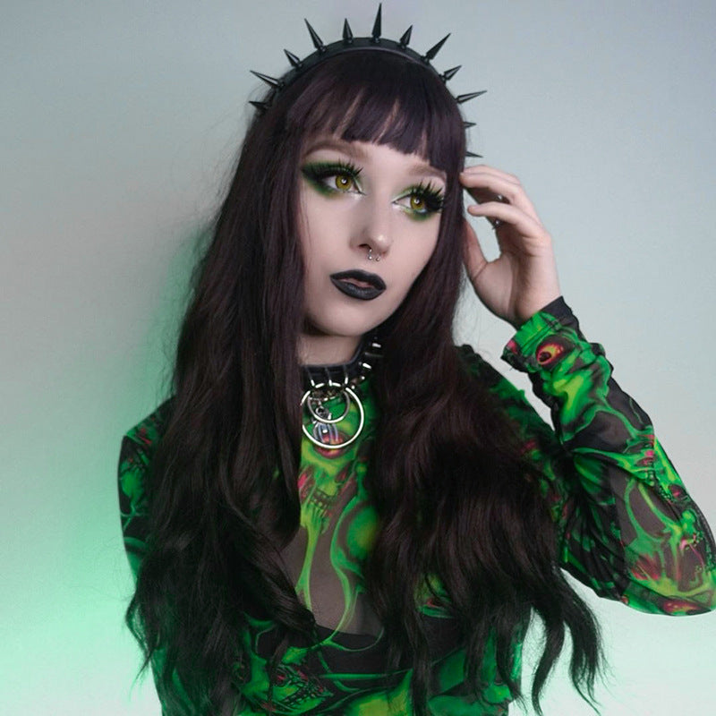 Dark Skull Random Printed Mesh Round Neck Long Sleeve Top Women Clothing