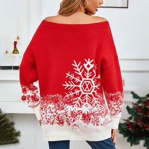 Popular Small Snowflake Christmas Sweater Autumn Winter Christmas Casual Off The Shoulder Sweater Women