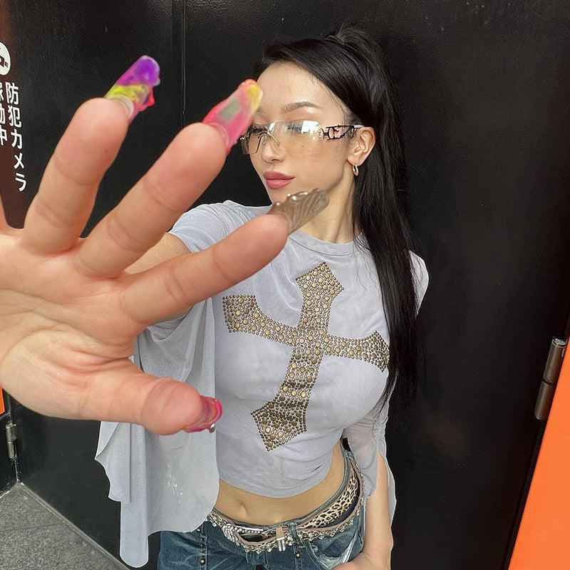 Popular Mesh Drilling Cross Cool Sexy Cropped Long Sleeve Top