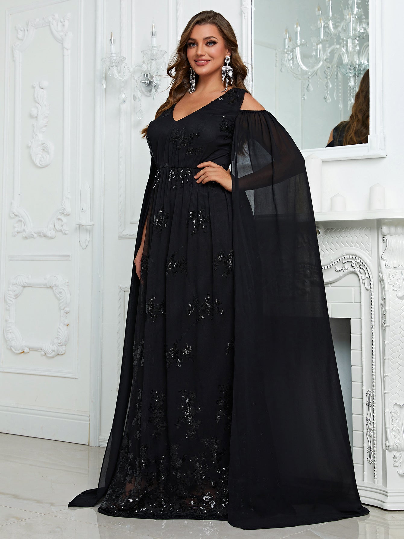 Plus Size Off The Shoulder Party Dress Elegant Senior Evening Dress Shawl Sleeve Design Maxi Dress Fmg