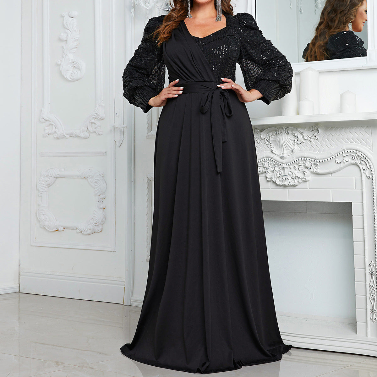 Plus Size Dinner Formal Dress Knickerbockers Long Sleeve Party Dress Elegant Sequined Maxi Dress