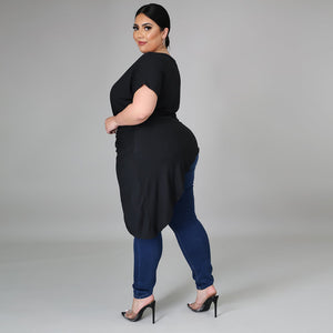 Plus Size Summer Solid Color Irregular Asymmetric Top Women Short Sleeve Top