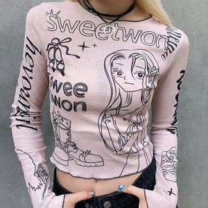 Sweet Cool Sexy Anime Print round Neck Long Sleeve T shirt Early Autumn Stitching Contrast Color Tight Edge Short Top