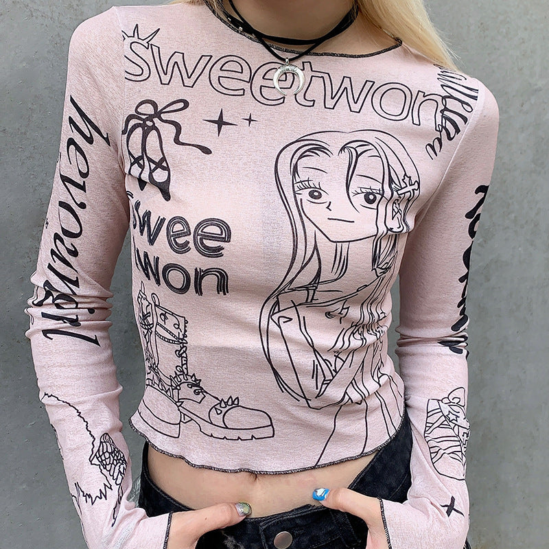 Sweet Cool Sexy Anime Print round Neck Long Sleeve T shirt Early Autumn Stitching Contrast Color Tight Edge Short Top
