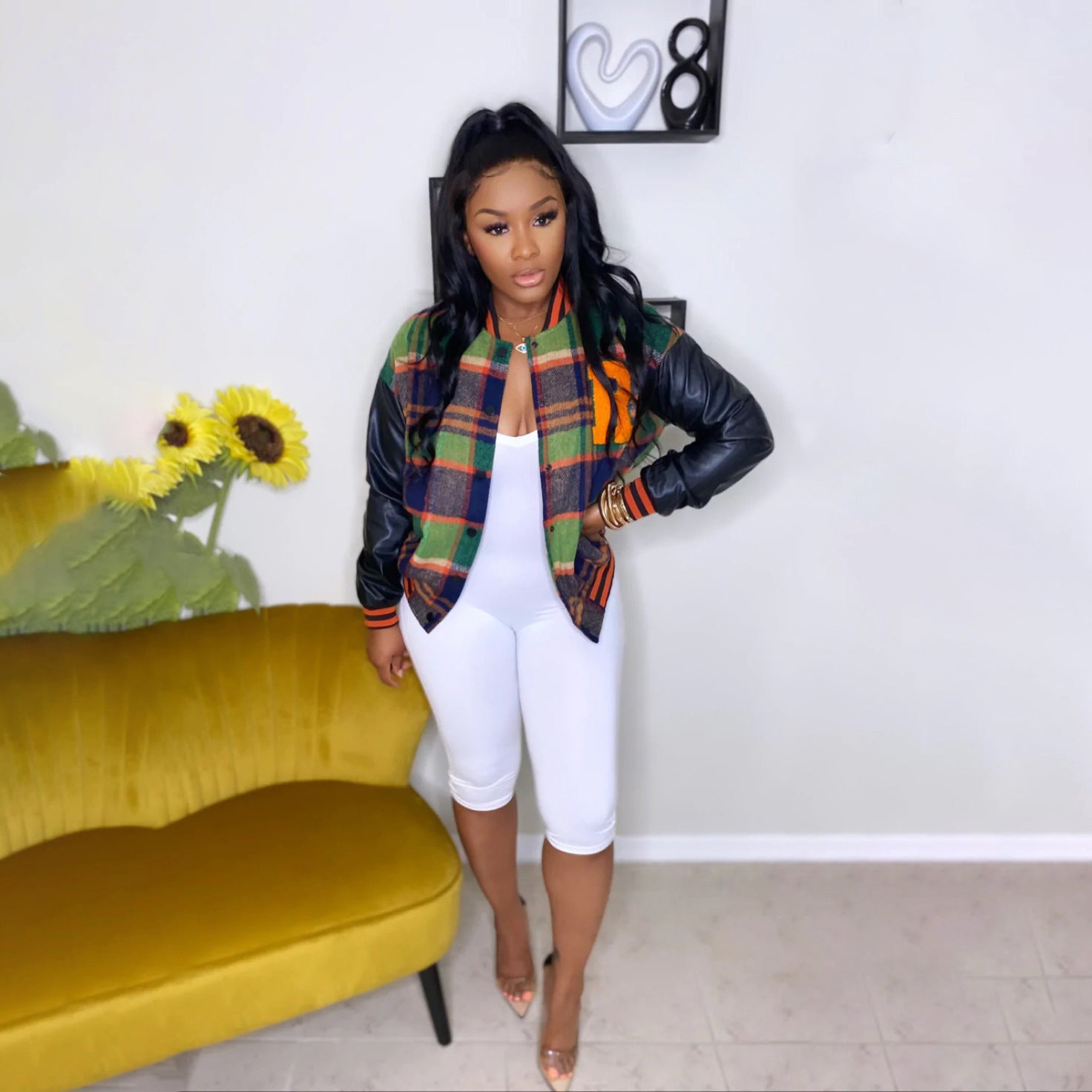Plus Size Women Clothes Casual Embroidery Thread Faux Leather Stitching Varsity Jacket Jacket