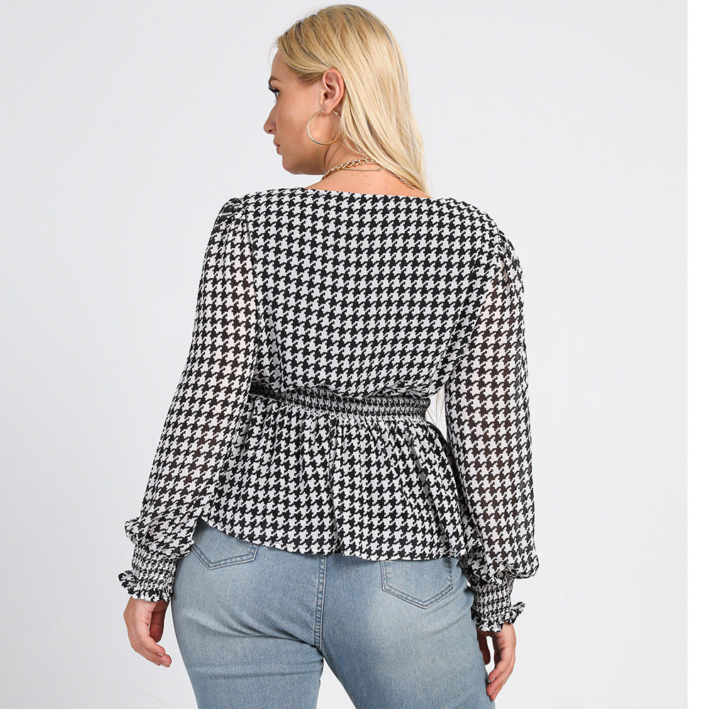 Plus Size New Black White Plaid Printed round Neck Waist Fashion Office Shirt