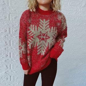 Year Holiday Pullover Gold Thread Brushed Jacquard Large Snowflake Elk Christmas Sweater for Women