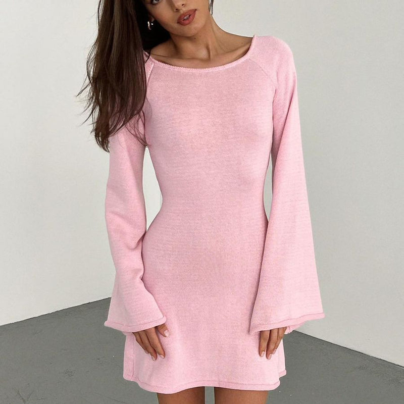 Long Sleeve Knitted Backless Sexy Dress Autumn Winter Bell Sleeve Tight Holiday Short Dress