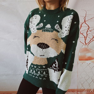 Autumn Winter Year Christmas Sweater Cartoon Elk Pattern round Neck Long Sleeve Knitted Pullover