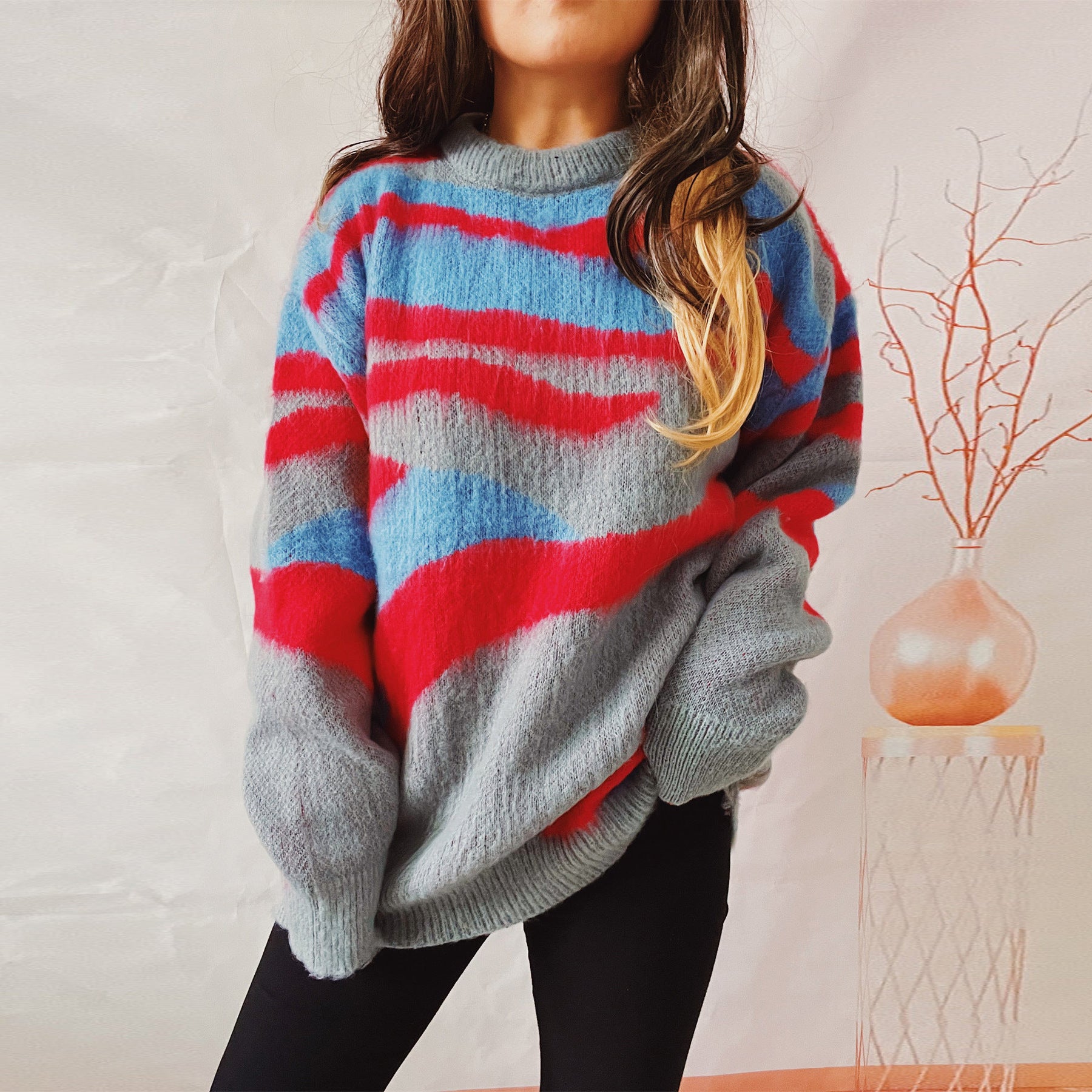 Autumn Winter Irregular Asymmetric Striped Brushed Round Neck Long Sleeve Loose Knitted Pullover Sweater