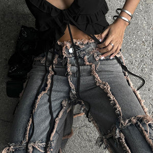 Trendy Retro Loose Raw Hem Jeans Sexy Mid Waisted Figure Flattering Street Dance Distressed Casual Pants