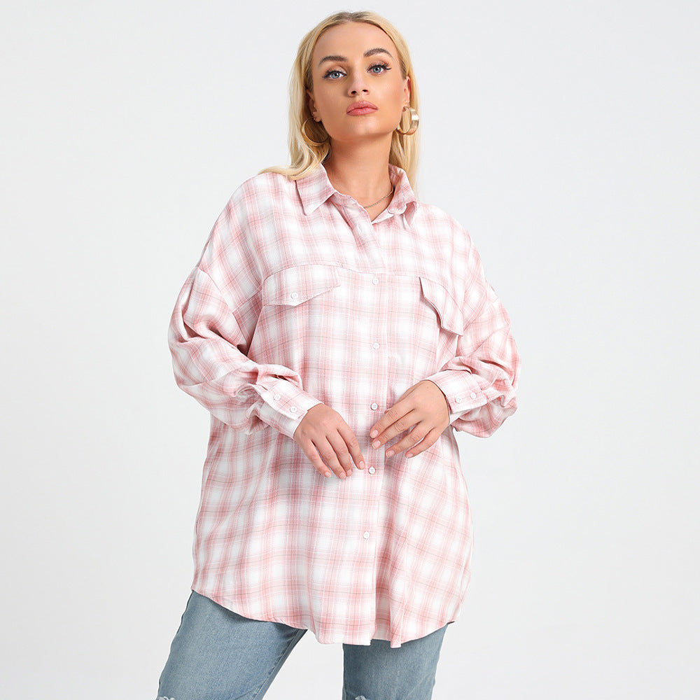 Plus Size Autumn New Polo Collar Long Sleeve Plaid Loose Oversized Shirt Women Clothing