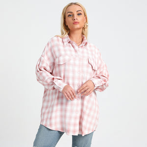 Plus Size Autumn New Polo Collar Long Sleeve Plaid Loose Oversized Shirt Women Clothing