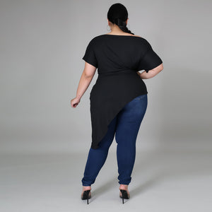 Plus Size Summer Solid Color Irregular Asymmetric Top Women Short Sleeve Top