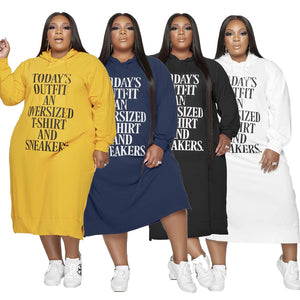 Plus Size Loose Midi Letter Graphic Dress Printing Ladies Hooded Sweater Dress