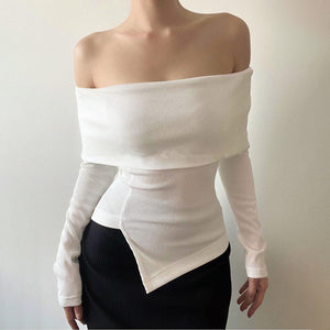 Fashionable off Shoulder Irregular Asymmetric Long Sleeve Top Autumn Simple Solid Color Top