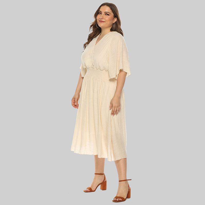 Plus Size Summer Women Clothing Solid Color V-neck Waist-Controlled Flying Sleeves Dress
