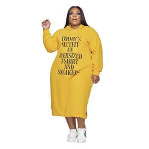 Plus Size Loose Midi Letter Graphic Dress Printing Ladies Hooded Sweater Dress