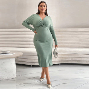 Plus Size Long Sleeve Cross Collar Slim Fit Slimming Fishtail Dress Mid Length Underwear High Sense Dress