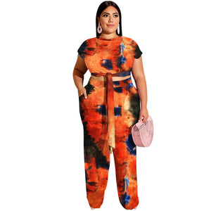 Plus Size Tie-Dye Printed Lace up Casual Set Women Two-Piece Suit