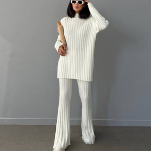 High Neck Ribbing Knitting Set Women Autumn Winter Pullover Sweater Pants Woolen Two Piece Set