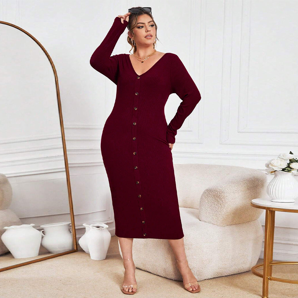 plus Size Women Clothes Autumn Winter Slim Sheath Knitted Dress Sexy V neck Maxi Dress