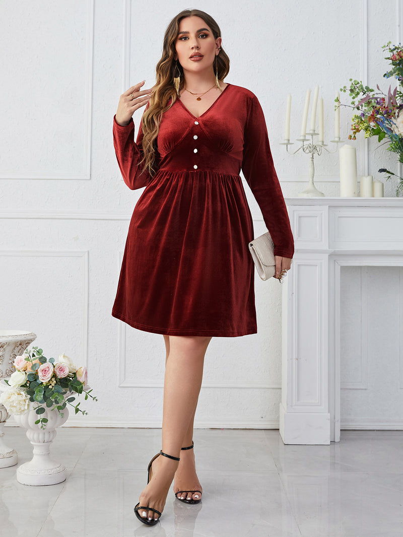 Popular Dark Red V neck Slimming High Waist Long Sleeves Dress