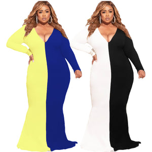 Plus Size Plus Size Color Contrast Patchwork V-neck Slim-Fit Long Sleeve Women Maxi Dress