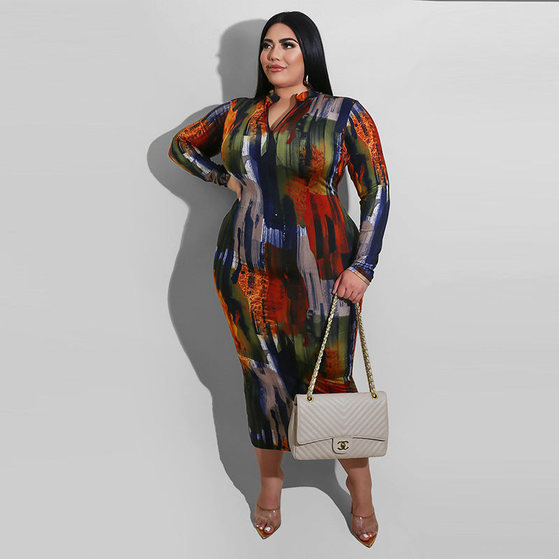 Plus Size Women Clothing Summer New Printed round Neck Fit Long Sleeve Dress