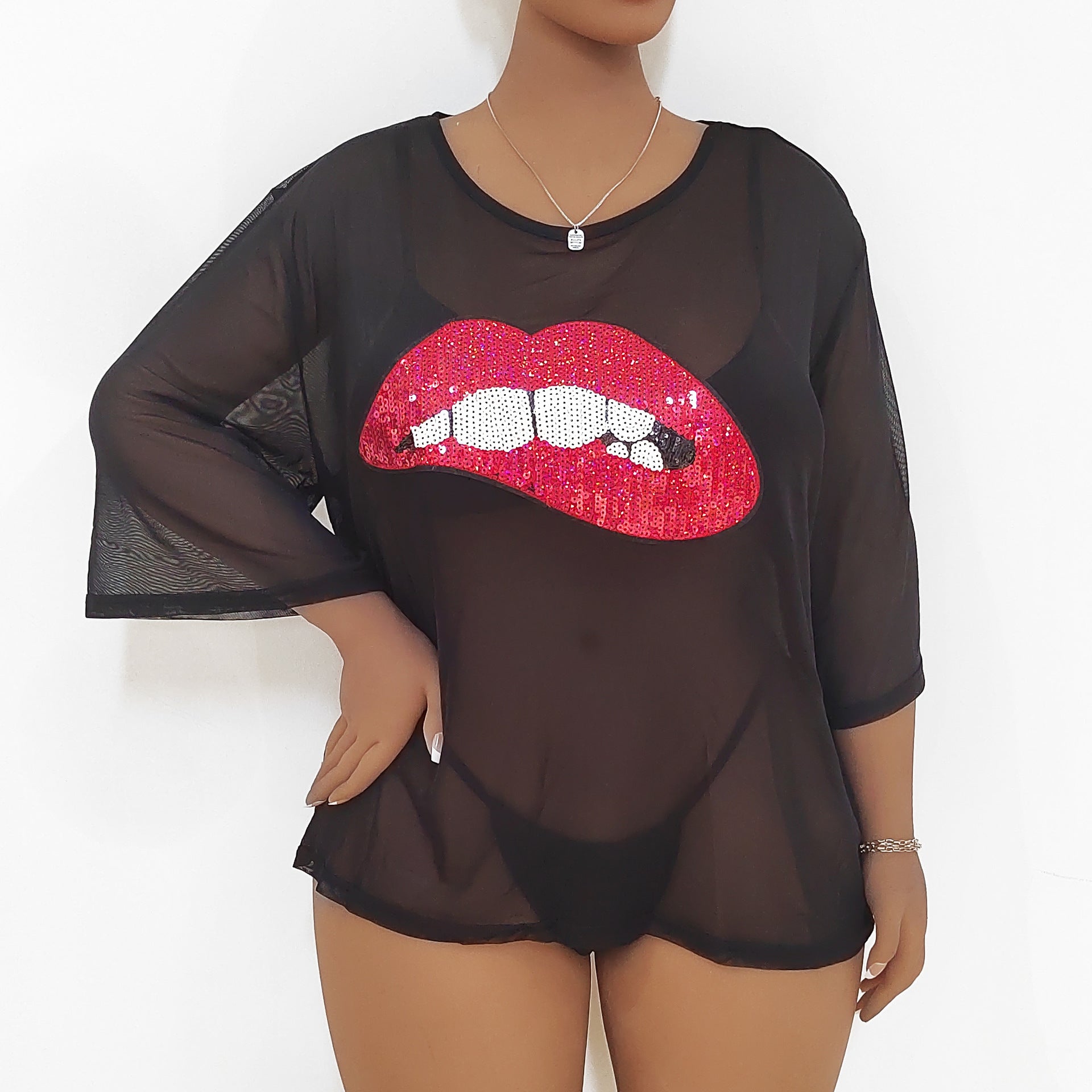 Plus Size Women Top Beach Cover Up Women Clothes Sequined Lip Stickers Sexy See Through Mesh T Shirt